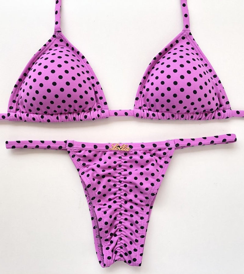 Biquíni Fita Frente Maior Empina Bumbum Poa Rosa Com Bola Preta