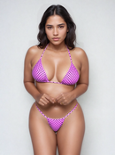 Biquíni Fita Frente Menor Fio Dental Poá Rosa com Bolas Pretas