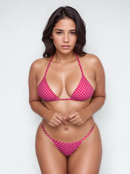 Biquíni Fita Frente Maior Fio Dental Poá Rosa com bolas Brancas