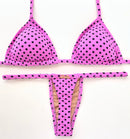 Biquíni Fita Frente Menor Fio Dental Poá Rosa com Bolas Pretas